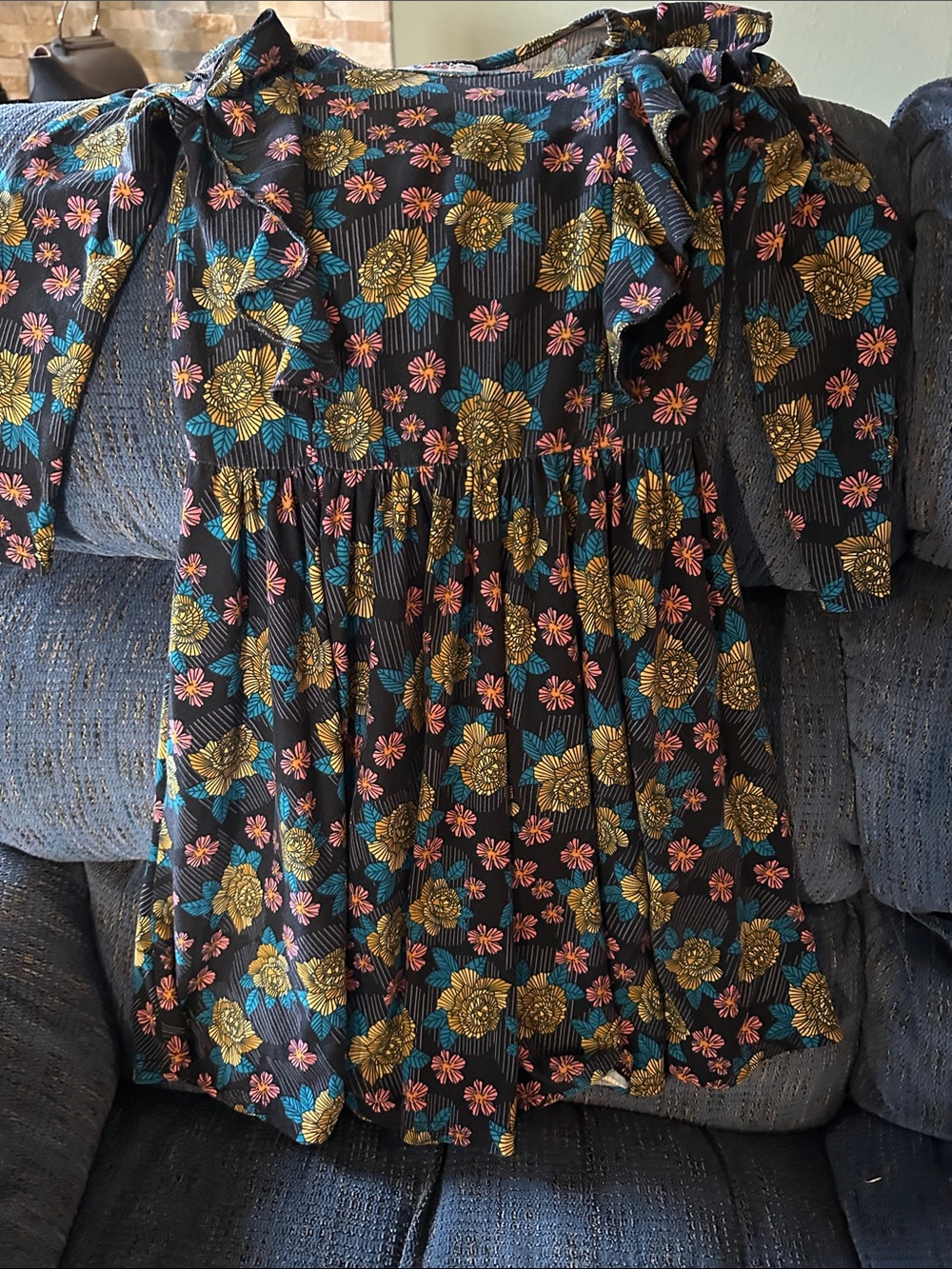 Dot Dot Smile Black Floral Dress with Gold, Teal & Pink Flowers